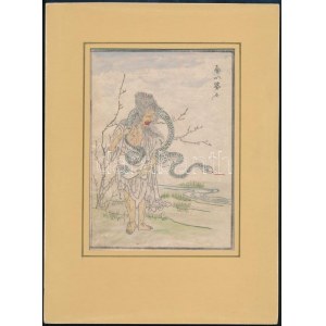Japoński művész, ismeretlen jelzéssel: Ember kígyóval. Színezett fametszet, papír. 18x12,5 cm. Paszpartuban ...