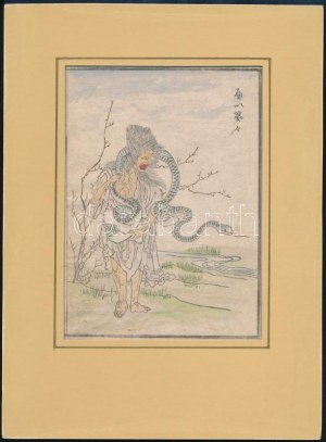Japán művész, ismeretlen jelzéssel : Ember kígyóval. Színezett fametszet, papír. 18x12,5 cm. Paszpartuban ...