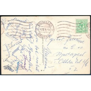1954 Brüsszel, Budapeszt Honvéd tagjai által haza küldött képeslap. (Brüsszel, Le Soir Festival de Football, Honvéd ...