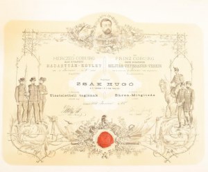 1882 Első Budapesti Hadastyán Egylet, dekoratív, litografált díszoklevél, Zsák Hugó (1844-1915) mérnök...