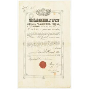 1844 Pest sz. kir. város polgárjogot adományozó oklevél, Schmidt Henrik szegműves mester részére, Szepessy Ferenc (1774...
