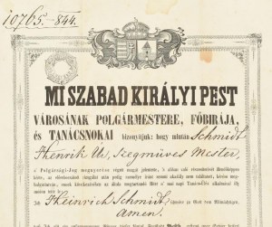 1844 Pest sz. kir. város polgárjogot adományozó oklevél, Schmidt Henrik szegműves mester részére, Szepessy Ferenc (1774....