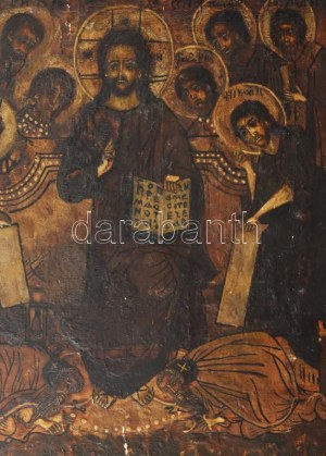 Ikon - Nagy Deészisz. Orosz ikonfestő, 18. sz. vége - 19. sz. első fele, tojástempera, fa, sérüléssel, hiánnyal, 31....