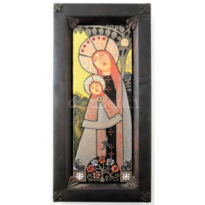 Ifj. Kátai Mihály (1935-2020) : Mária a kisdeddel. Tűzzománc kép, hozzáillő bronzlemezzel fedett keretben, 42x16 cm ...