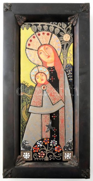 Ifj. Kátai Mihály (1935-2020): Mária a kisdeddel. Tűzzománc kép, hozzáillő bronzlemezzel fedett keretben, 42x16 cm ...