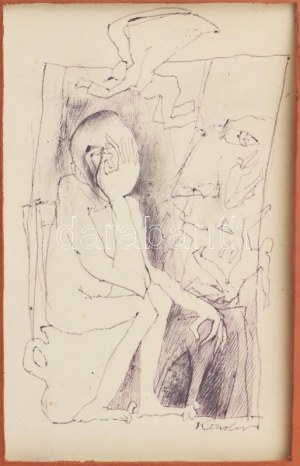 Kondor Béla (1931-1972) : Ülő alak és angyal. Toll, papír jelezve jobbra lent. Üvegezett fakeretben. 14x9,5 cm...