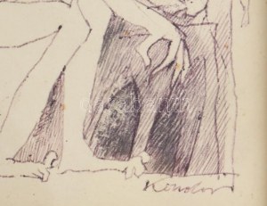Kondor Béla (1931-1972): Ülő alak és angyal. Toll, papier jelezve jobbra lent. Üvegezett fakeretben. 14x9,5 cm...