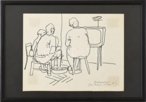 Maurer Dóra (1937-) : TV-nézők. Tus, papír, jelezve jobbra lent. Proveniencia : Haraszty Gyűjtemény, üvegezett keretben...