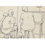 Maurer Dóra (1937-): TV-nézők. Tus, papír, jelezve jobbra lent. Provenienza: Haraszty Gyűjtemény, üvegezett keretben...