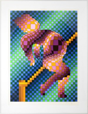 Victor Vasarely (1908-1997) : Op-art kompozíció. Szitanyomat, papír. Jelzett, számozott : 121/300. Üvegezett keretben...