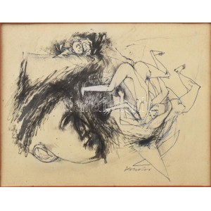 Kondor Béla (1931-1972): Bukás. Tus, toll, papír, jelezve jobbra középen lent. Üvegezett fakeretben. 13,5x18,5 cm...