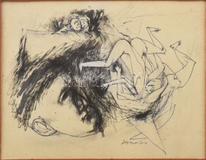 Kondor Béla (1931-1972): Bukás. Tus, toll, papír, jelezve jobbra középen lent. Üvegezett fakeretben. 13,5x18,5 cm...