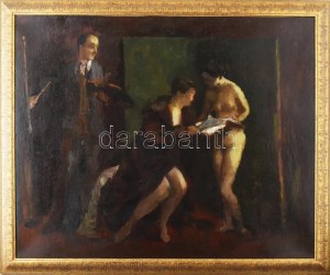 Iványi Grünwald Béla (1867-1940) : Festő és aktmodellek. Olaj, vászon, jelezve jobbra lent. Restaurált, dublírozott...