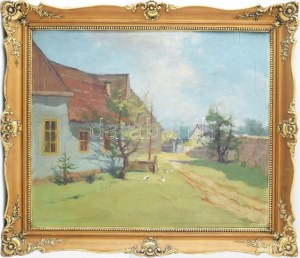 Csordák Lajos (1864-1937): Libás udvar. Olaj, falemez. Jelzett. Néhány repedéssel a mázon. Dekoratív keretben, 50x60 cm...