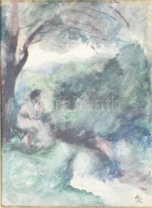 Kernstok Károly (1873-1940): Vízparton ülő nő/Tájkép merengő nővel. Akvarell, papier. Jelezve jobbra lent: KK...