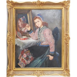 Szánthó Mária (1897-1998): Lány gyöngyökkel. Olaj, fa. Jelezve jobbra fent. Dekoratív fakeretben. 60x50 cm ...