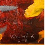 Klimó Károly (1936-) : Narancsok és sárgák (cím nélkül), 2011. Olaj, fa, jelezve jobbra lent. 98x127 cm. Fakeretben...