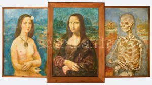 Gulyás Dénes (1927-2003) : Mona Lisa elvesztette mosolyát (cím nélkül), 1977. Olaj, farost, jelezve jobbra lent...