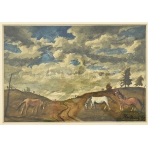 Rudnay Gyula (1878-1957): Lovak. Akvarell, papier, jelezve jobbra lent. Üvegezett fakeretben, 14,5×21 cm ...