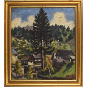 Husovszky János (1883-1961): Nagybányai házak. Olaj, vászon, jelezve jobbra lent. Dekoratív fakeretben, 56,5×50 cm ...