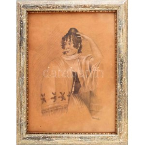 Faragó Géza (1877-1928) : Párizsi dáma. Ceruza, fedőfehér, papír, jelzett, üvegezett fakeretben, 39,5×29...