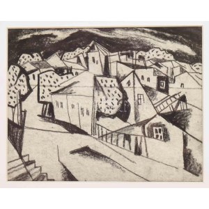 Kádár Béla (1877-1956) : Külváros, 1920-as évek. Szén, papír, jelzés nélkül. Üvegezett fakeretben. 14,5x18,5 cm ...