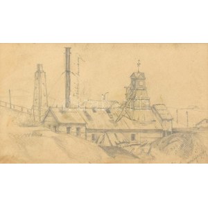 Báró Mednyánszky László (1852-1919): Gyár látképe. Ceruza, papier. Jelezve jobbra lent. Üvegezett fa keretben. 9,5x15...