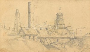 Báró Mednyánszky László (1852-1919): Gyár látképe. Ceruza, papír. Jelezve jobbra lent. Üvegezett fa keretben. 9,5x15...
