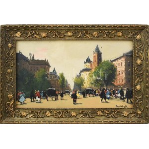 Berkes Antal (1874-1938) : Nagyvárosi forgatag. Olaj, karton. Jelezve jobbra lent. 19,5x32,5 cm. Dekoratív fakeretben. ...