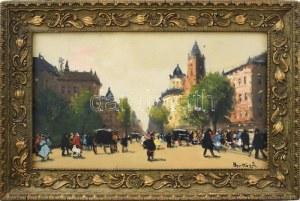 Berkes Antal (1874-1938): Nagyvárosi forgatag. Olaj, karton. Jelezve jobbra lent. 19,5x32,5 cm. Dekoratív fakeretben. ...