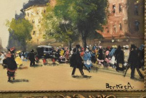 Berkes Antal (1874-1938): Nagyvárosi forgatag. Olaj, karton. Jelezve jobbra lent. 19,5x32,5 cm. Dekoratívny nápis. ...