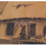 Feszty Masa (1895-1979) : Martosi ház anyával és gyerekkel (Felvidék), 1943. Szén, papír, jelezv jobbra fent...