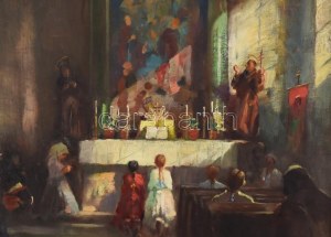 Péczely Antal (1891-1944) : Templombelső (Nagymaros ?). Olaj, vászon, jelezve jobbra lent. Dekoratív fakeretben...
