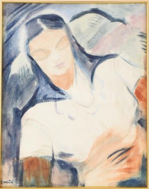 Emőd Aurél (1897-1958): Alvó lány. Akvarell, papier. Jeletzve balra lent. 42x33,5 cm. Dekoratív, üvegezett fakeretben. ...