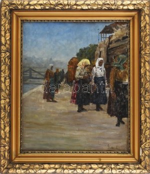 Glatter Ármin (1861-1931): Hölgyek a budapesti Dunaparton. Olaj, vászon, jelezve jobbra lent, fakeretben ...