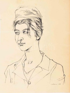 Lakner László (1936-): Sántha Ilona portréja, 1963. Tus, toll, papier, jelezve jobbra lent: Lakner 963. 22x17,5 cm. ...