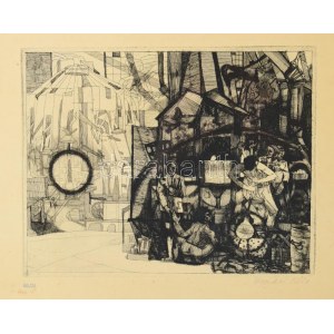 Kondor Béla (1931-1972): Üveggyárban (cím nélkül). Rézkarc, papier. Jelzett. Számozott: 50/24. 19x24,5 mm...