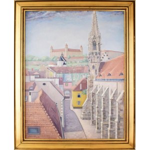 Edita Ambrušová (1920-2015), szlovák festő: Pozsonyi látkép a várral, 1988. Olaj, vászon. Jelzett. Dekoratív fakeretben...