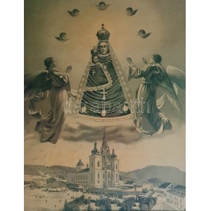 [A mariazelli bazilika és búcsújáróhely látképe a Szűzanyával és Jézussal. Litográfia (1880 körül). Mariazell...