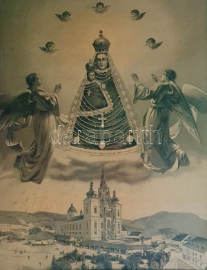 [Látkép] A mariazelli bazilika és búcsújáróhely látképe a Szűzanyával és Jézussal. Litográfia (1880 körül). Mariazell...