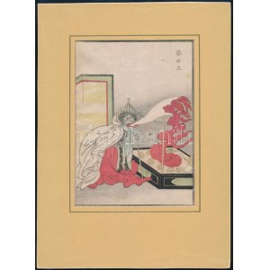 Japán művész, ismeretlen jelzéssel : Sárkányszerű alak. Színezett fametszet, papír. 18x12,5 cm. Paszpartuban ...
