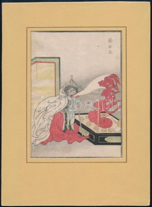 Japán művész, ismeretlen jelzéssel: Sárkányszerű alak. Színezett fametszet, papír. 18x12,5 cm. Paszpartuban ...