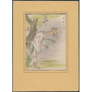 Japán művész, ismeretlen jelzéssel: Alak. Színezett fametszet, papír. 18x12,5 cm. Paszpartuban / japanischer Holzschnitt...