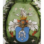 Dolega, lengyel törzsi címeres pálinkás kiöntő. Kézzel festett, fújt hutaüveg. Csiszolt üveg, ón rátéttel XIX sz. ...