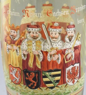 Német üveg váza a Német-Római Birodalom emlékére. Nagy méretű, kézzel festett, szakított, hutaüveg váza. rajta felirat ...