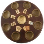 Antik szalon női kártyaasztal. Fa, bronzo, ráragasztott kártyalapokkal. Kopással, d: 42 cm, m: 70 cm...