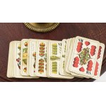 Antik szalon női kártyaasztal. Fa, bronz, ráragasztott kártyalapokkal. Kopással, d : 42 cm, m : 70 cm...