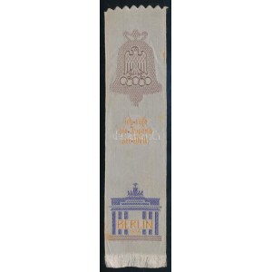 1936 Berlini Olimpia Ich rufe die Junge der Welt feliratos hímzett selyem könyvjelző 16x4 cm ...