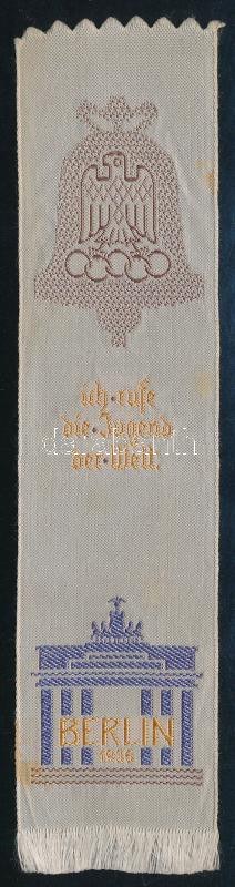 1936 Berlín Olimpia Ich rufe die Junge der Welt feliratos hímzett selyem könyvjelző 16x4 cm ...