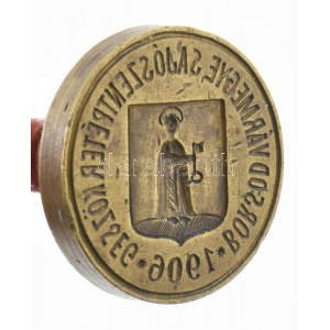 1906 Borsod vármegye Sajószentpéter község feliratos, címeres pecsétnyomó réz d: 33 mm...